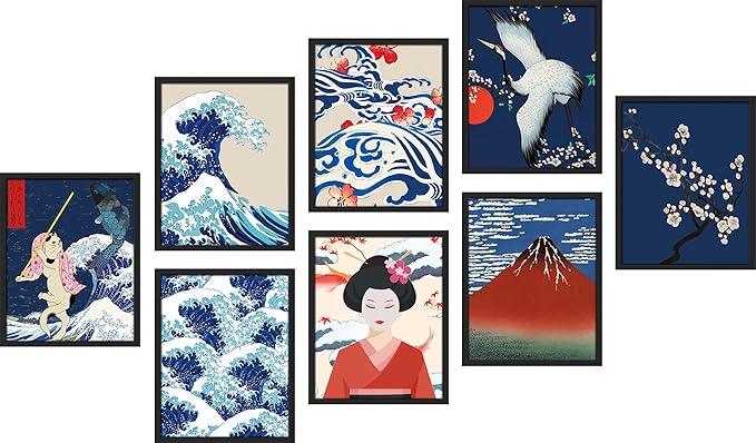SIGNWIN Framed Poster Bathroom Decor, Wall Art Room Decor Multicolor for Living Room, Bedroom, Office Japanese Great Wave Ukiyo-e Nature Landscapes Vintage Bohemian - 12"x16"x 8 Black