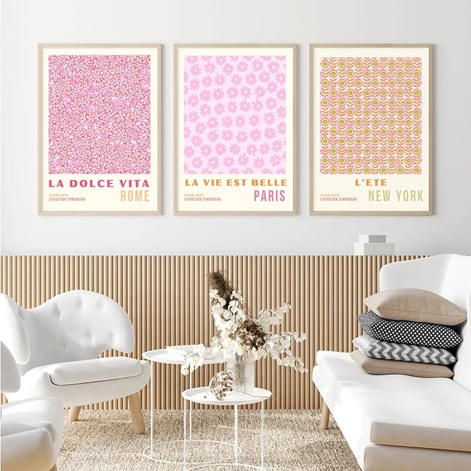 Pink Flower Market Wall Art Decor Aesthetic Abstract Canvas Floral Minimalist Wall Art Pictures Orange Floral Prints Artwork Botanical Flower Poster Colorful Painting 16x24 Inch Unframed set Of 3
