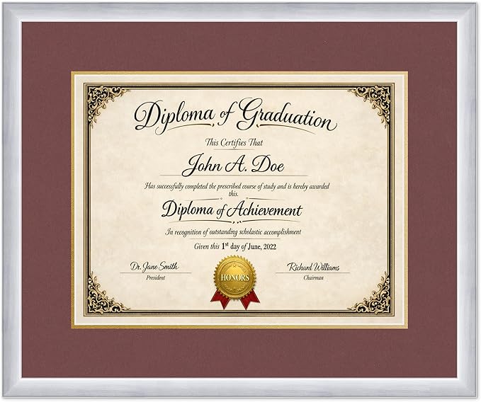 Diploma Frame Stainless Silver with Dark Red Over Gold Double Mat - Fits 17 x 13 International Diploma Wall Display Made in the USA