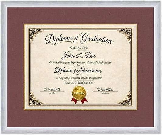 Diploma Frame Stainless Silver with Dark Red Over Gold Double Mat - Fits 17 x 13 International Diploma Wall Display Made in the USA