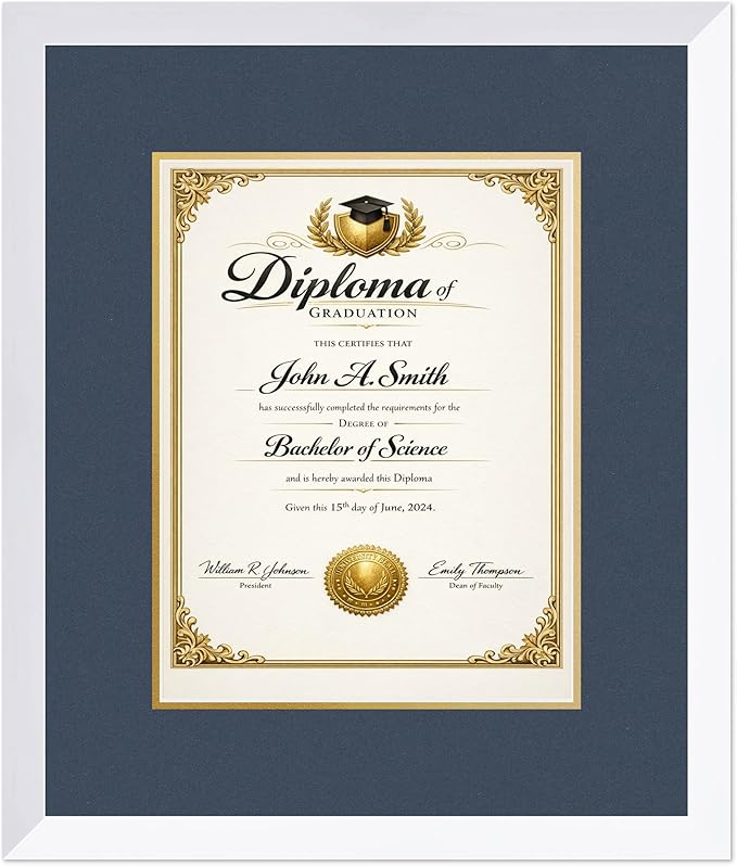 CountryArtHouse Diploma Frame Fits 10 x 13 College Diploma (Portrait Traditional) - Keepsake Graduation Bright White Genuine Hardwood with Navy Blue Over Metallic Gold Double mat