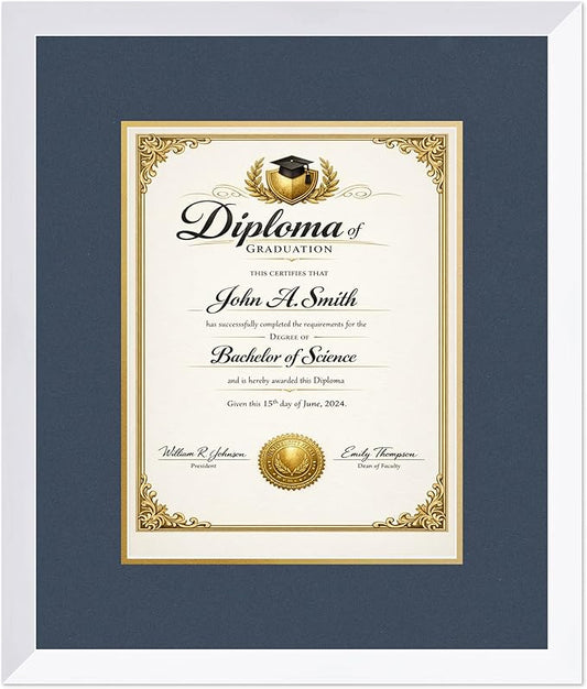 CountryArtHouse Diploma Frame Fits 10 x 13 College Diploma (Portrait Traditional) - Keepsake Graduation Bright White Genuine Hardwood with Navy Blue Over Metallic Gold Double mat