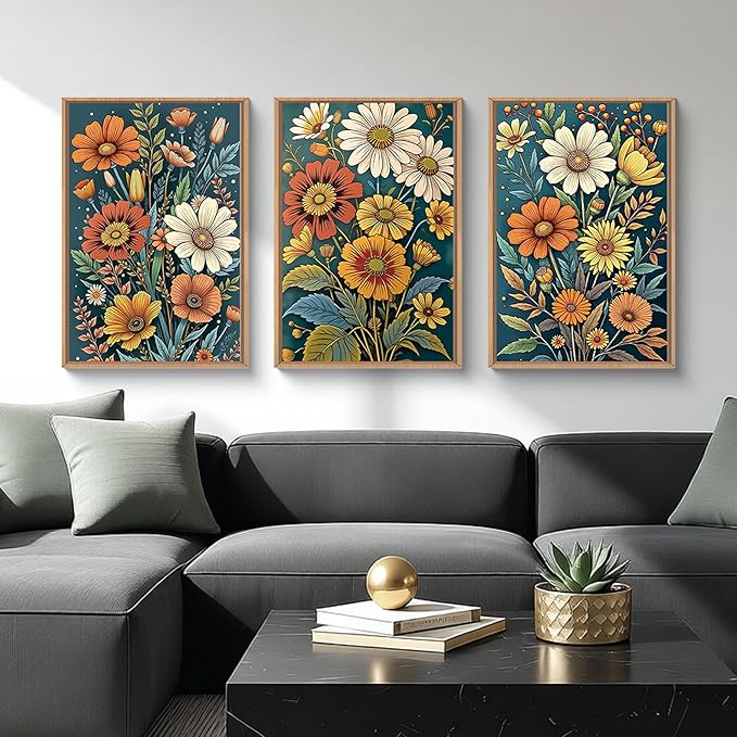 HOURIA Spring Boho Vintage Floral Framed Canvas Wall Art Set,Nordic Retro Colorful Wildflower & Green Leaves Wall Decor,Abstract Vibrant Bouquet Botanical Artwork for Living Room, Bedroom,Farmhouse-24"x36"x3