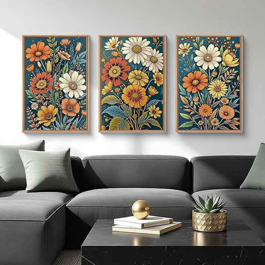 HOURIA Spring Boho Vintage Floral Framed Canvas Wall Art Set,Nordic Retro Colorful Wildflower & Green Leaves Wall Decor,Abstract Vibrant Bouquet Botanical Artwork for Living Room, Bedroom,Farmhouse-24"x36"x3