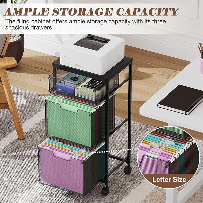 3 Drawer Mobile File Cabinet for Home Office, Rolling Filing Cabinet on Lockable Wheels, Hanging File Folders Organizer, Utility Cart Storage and Organizer, Printer Stand, Black