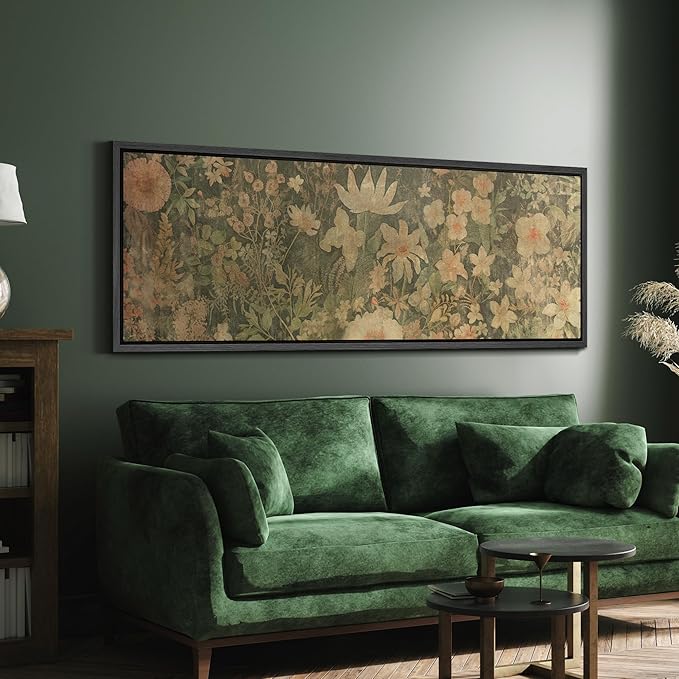 SIGNFORD Large Framed Canvas Botanical Garden in Muted Earth Tones Vintage Floral Illustrations Modern Art Calm Warm for Living Room, Bedroom, Office - 60"x20"