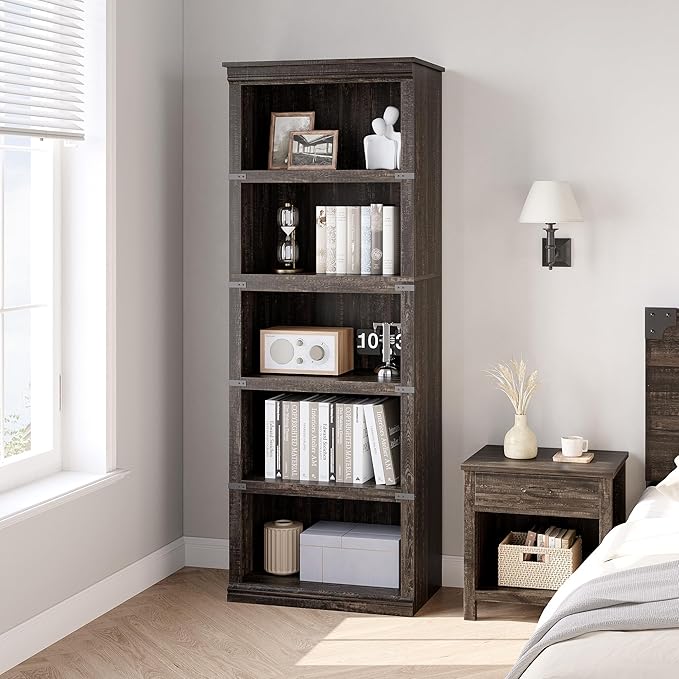 GAOMON 5 Tier Bookcase, Farmhouse Book Shelf with Storage Open Display Bookshelves, 67.4" Tall Book Case Wooden 5 Shelf Bookcase Home Decor Furniture for Home Office, Living Room, Bed Room - Oak