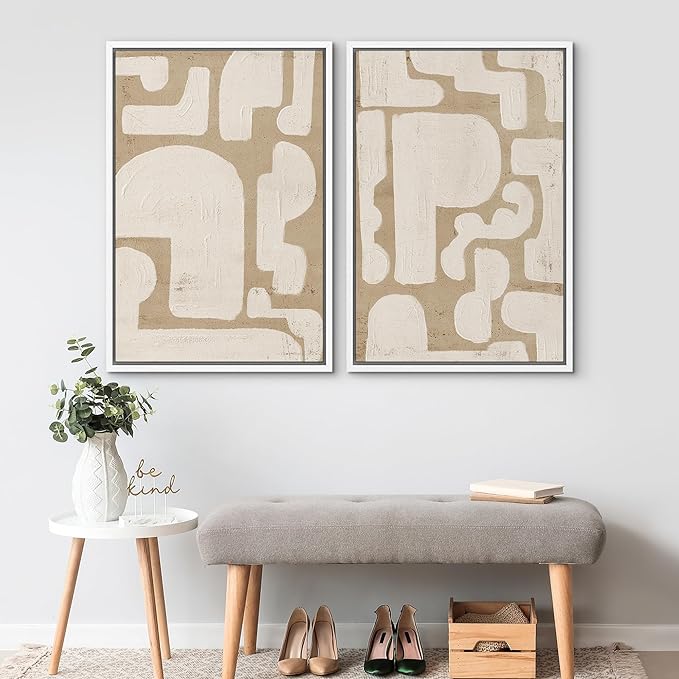 SIGNWIN Framed Canvas Print Wall Art Set Sophisticated Abstract Network Beige Interlaced Lines on White Illustrations Modern Art Minimal Relax/Calm for Living Room, Bedroom, Office - 16"x24"x2 White