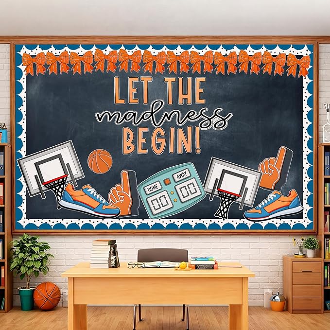 Tenceur 62 Pcs Basketball Bulletin Board Set Classroom Door Decoration Kit with ''let The Madness Begin'' Letters, Basketball Hoop, Scoreboard, and Sports Cutouts, Includes 100 Glue Stickers