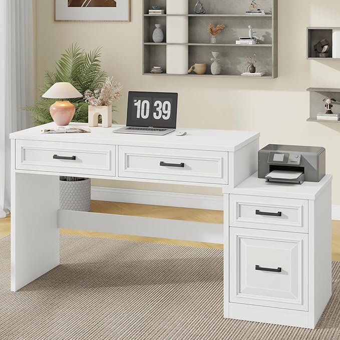 Vabches 61" Farmhouse Computer Desk with Storage and File Drawer, Executive Desks with Printer Stand, Rustic Large Home Writing Desk for Home Office.White