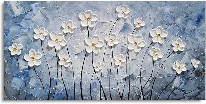 YHSKY ARTS Enchanting 3D Hand-Painted White Floral Wall Art, Textured Floral Masterpiece Brings a Touch of Elegance and Natural Beauty to Any Home Space