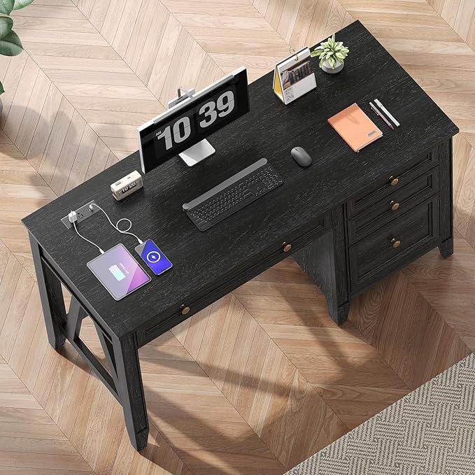 ONBRILL 54 Inch Farmhouse Executive Desk, Computer Desk with Storage Drawers & File Drawer, Modern Home Office Desk with Charging Station for Working, Studying, Writing, Brown (Black)