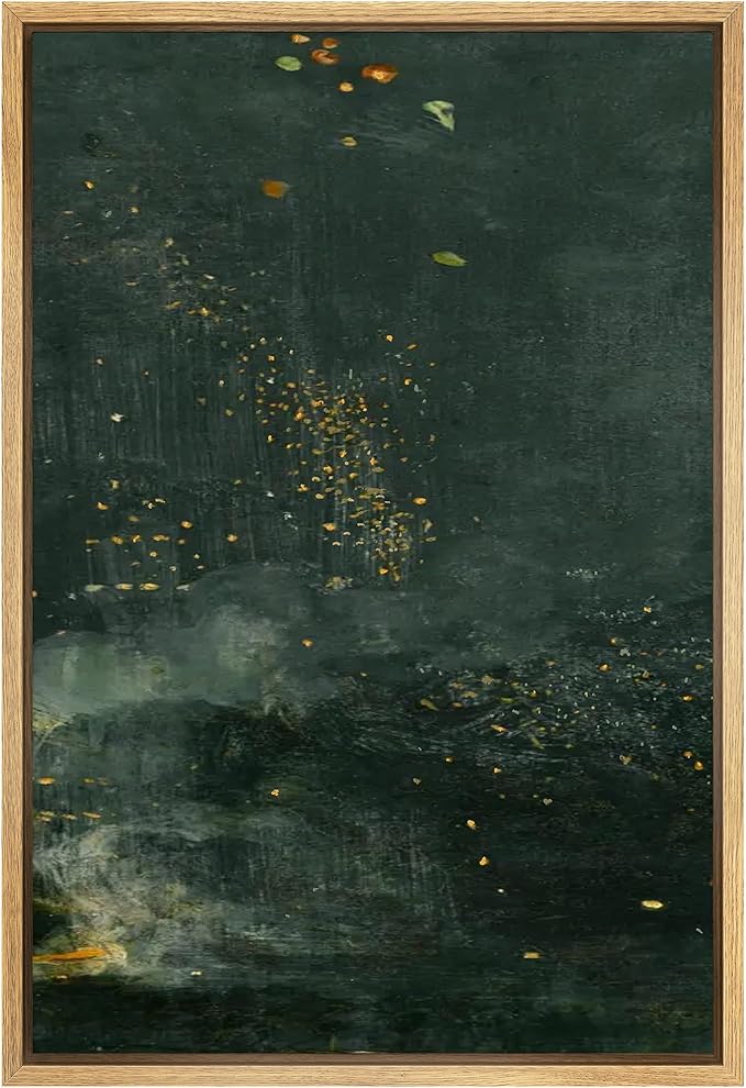 SIGNFORD Framed Canvas Print Wall Art Starry Night Flora Abstract Plant with Gold Accents Dark Green Botanical Illustrations Decorative Zen for Living Room, Bedroom, Office - 16"x24" Natural
