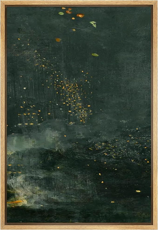 SIGNFORD Framed Canvas Print Wall Art Starry Night Flora Abstract Plant with Gold Accents Dark Green Botanical Illustrations Decorative Zen for Living Room, Bedroom, Office - 16"x24" Natural