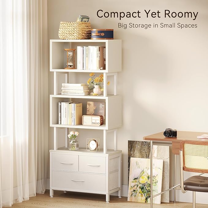 Casaottima 7 Tier Bookshelf, Tall Geometric Bookcase with Fabric Drawers, Modern Display Book Shelves Book Case for Living Room Bedroom, Wood Decorative Standing Shelving Unit for Home Office, White