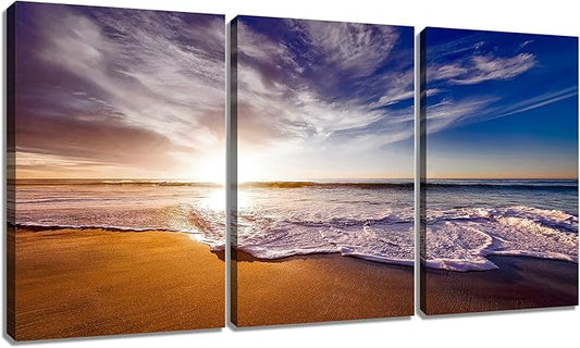 Beach Sunset Wall Decor Large Poster Wall ArtNatural Landscape Sea Waves Print on Canvas HD Picture Painting Artwork for Modern Home Living Room Gym Office Stretched and Framed [72''W x 36''H]