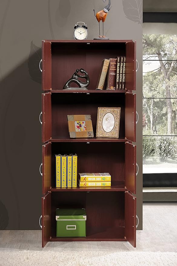 Hodedah 4-Shelf, 8-Door Bookcase Cabinet in Mahogany