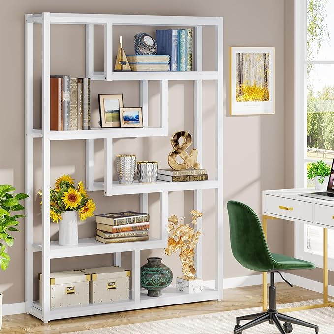Tribesigns Way to Origin 6-Shelf Industrial Bookshelf, Modern Etagere Bookcase, 69 Inch Tall Storage Display Staggered Shelves with Sturdy Metal Frame for Home Office, White