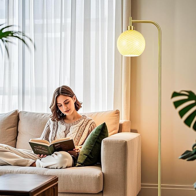 MAYNA Mid Century Modern Floor Lamp, Amber Ribbed Glass Standing Lamp with Built-in Timer Switch, Gold Tall Vintage Lamps for Living Room Bedroom, 2700K LED Bulb Included