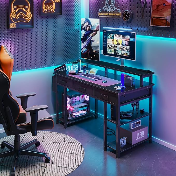 Lufeiya Gaming Desk with Led Lights and Power Outlets, 47 Inch Home Office Desk with Monitor Stand & Shelves, Writing Study Computer Desks with Fabric Drawers for Bedroom, Black