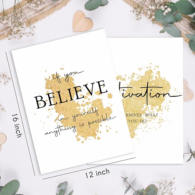 HRQKO Gold Inspirational Wall Art Set of 4, Motivational Prints, Modern Gold Artwork, Affirmations for Office Women 12'x16' Unframed