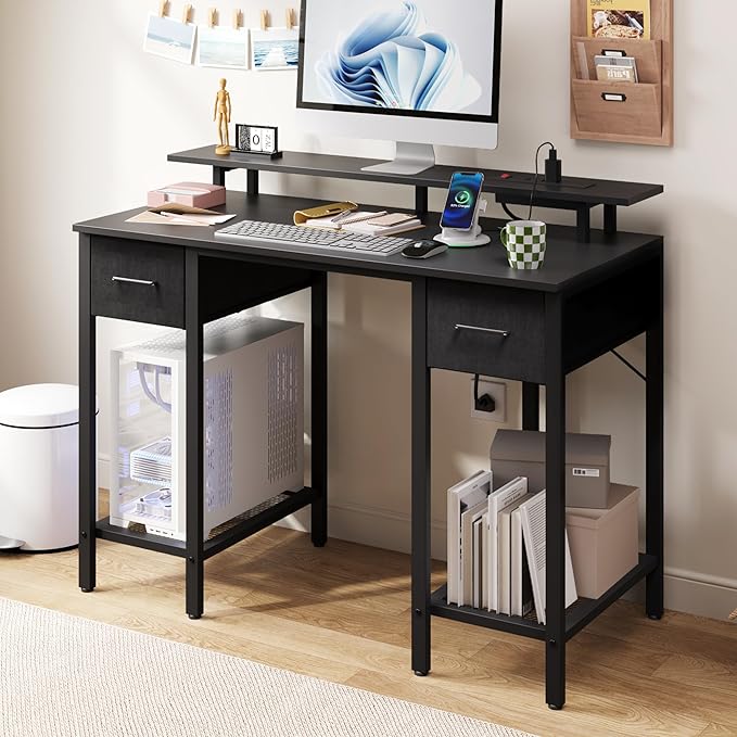 Black Computer Desk with Drawers, 42 Inch Home Office Desk Study Writing Table, Gaming Desk with USB Power Outlets, Office Desk with Fabric Drawer, Work Table with Shelf for Bedroom, Black