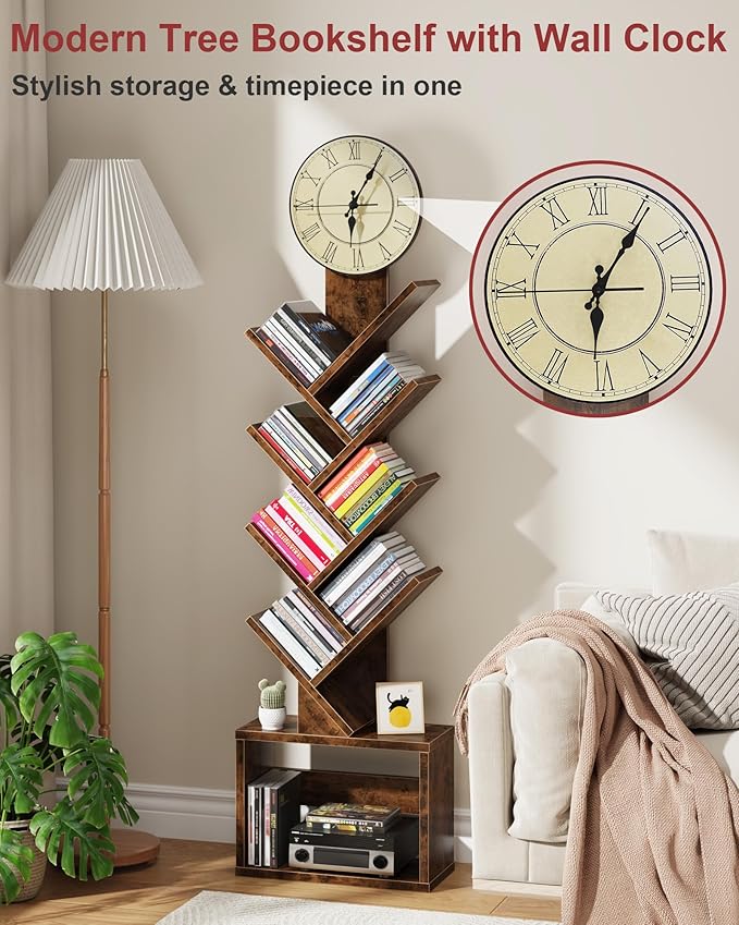 7 Tier Tree Bookshelf with Clock and Storage Cabinet, Small Narrow Floor Standing Bookcase for Bedroom, Living Room, Home Office, Rustic Brown
