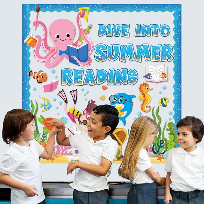 gisgfim Under The Sea Bulletin Board Decorations Classroom Dive Into Reading Summer Ocean Bulletin Board Borders Sea Animal Fish Treasure Box Cutouts Decor for School Library Chalkboard Wall(Ocean)