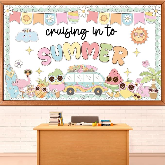 Summer Beach Bulletin Board Set Cruising in to Summer Cutouts Groovy Beach Classroom Decoration Hawaii Tropical Bulletin Board Surfboard Coconut Tree Cutout for School Wall Decor
