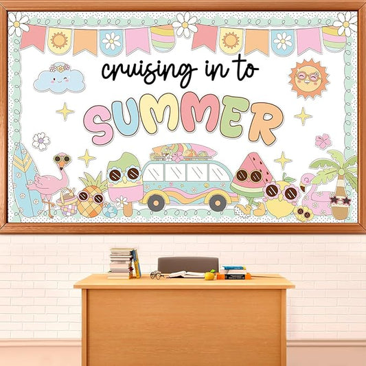 Summer Beach Bulletin Board Set Cruising in to Summer Cutouts Groovy Beach Classroom Decoration Hawaii Tropical Bulletin Board Surfboard Coconut Tree Cutout for School Wall Decor
