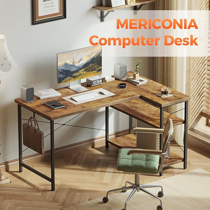 Mericonia Small L Shaped Computer Desk, Reversible Gaming Desk with Storage Shelves, Corner Gamer Desk Table, Study Writing Table