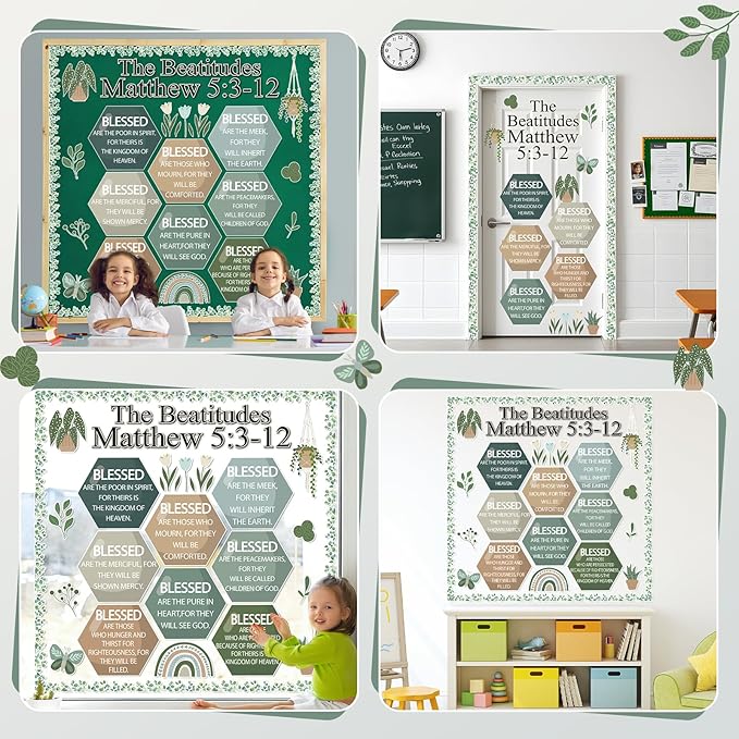 Christian Bulletin Board Decoration The Beatitudes Matthew 5:3-12 Classroom Decoration Motivational Bible Verse Paper Cutouts for Back to School Sunday School Church Parish Decor（Greenery）