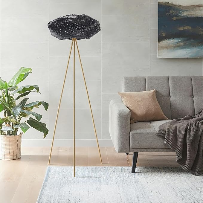 Bamboo Tripod Floor Lamp, Handwoven Lotus Shade Standing Lamp, Boho Natural Woven Light with Black Metal Stand for Living Room Bedroom