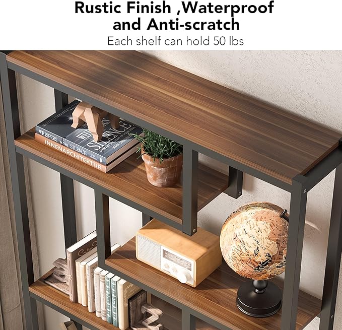 Tribesigns 6-Shelf Industrial Bookshelf Set of 2, Vintage Etagere Bookcase, 69 Inch Tall Storage Display Staggered Shelves with Sturdy Metal Frame for Home Office, Dark Walnut