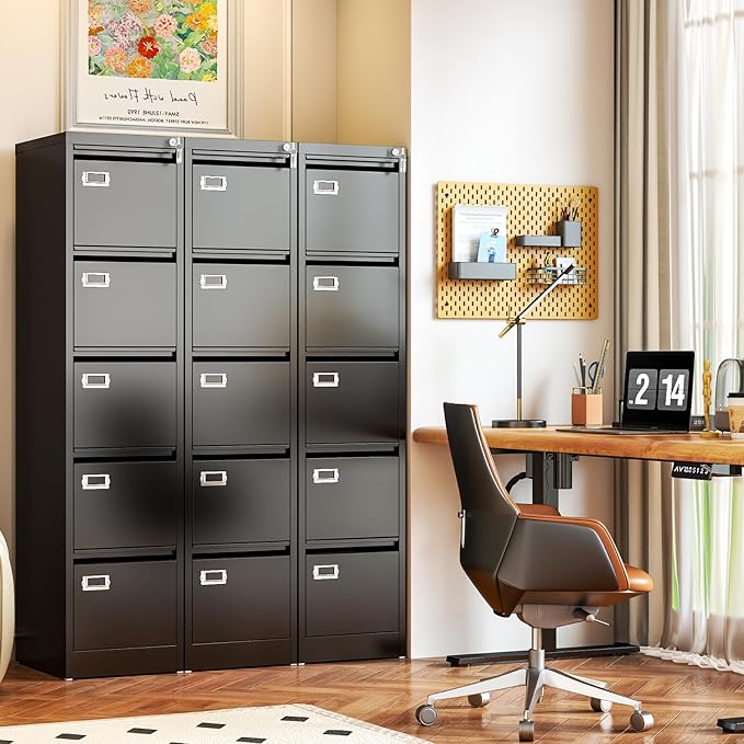 5 Drawer File Cabinet, Black Metal Filing Cabinets with Lock Name Card Holder, Metal Vertical Filing Cabinets for Home Office, Steel Storage Cabinet fits Letter/Legal/A4 Size(Assembly Required)