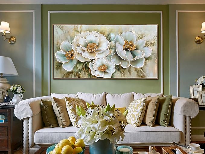 Arjun Framed Canvas Wall Art for Bedroom, Vintage Gold Flower Painting Living Room Textured Floral Large Artwork Picture Dining Room Kitchen Home Office Wall Decor, 40"x20"