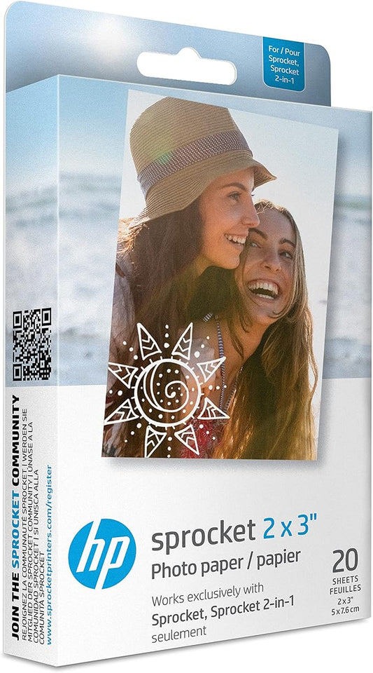 HP Sprocket 2x3" Premium Zink Sticky Back Photo Paper (20 Sheets) Compatible with HP Sprocket Photo Printers.
