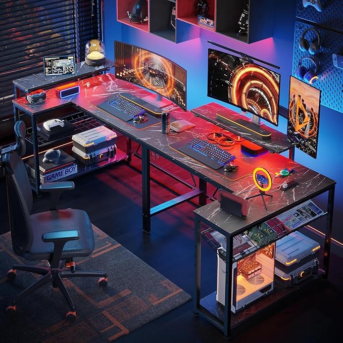 Bestier Gaming Desk with Power Outlets, 42" L-Shaped Gaming Desk with LED Lights, Desk with Reversible Storage Shelves & Hooks for Small Spaces, Bedrooms & Offices, Marble Black