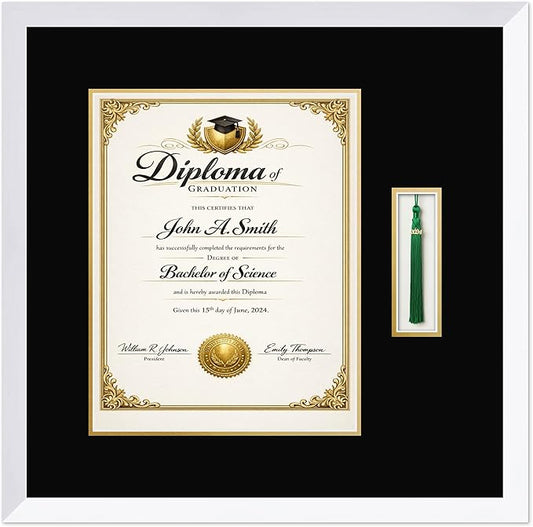 CountryArtHouse Diploma and Tassel Frame Fits 11 x 14 College Diploma (Portrait) with Tassel Ho Bright White Genuine Hardwood Shadowbox with Black Over Metallic Gold Double mat