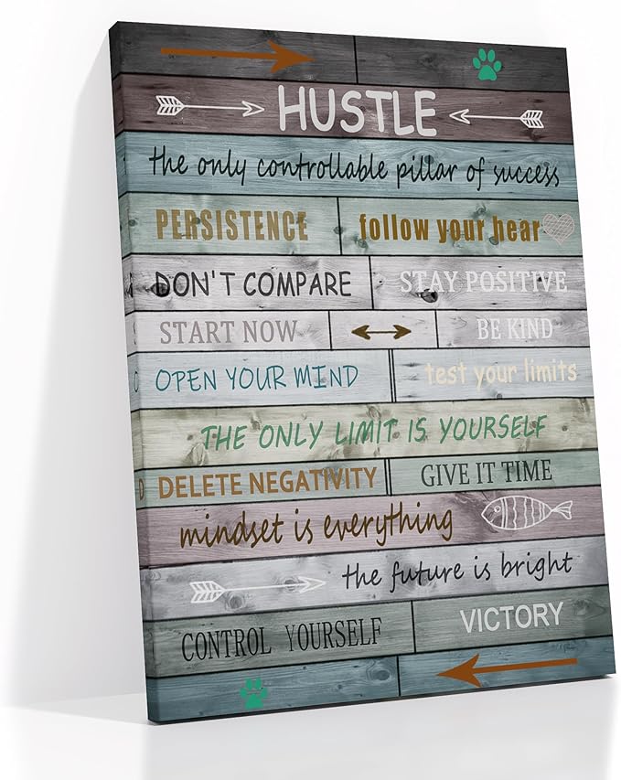 Motivational Poster Wall Art Hustle Motivational Quotes Print on Canvas Picture Painting Positive Wall Decor Artwork for Modern Home Bedroom Office Classroom Gym Stretched the Framed [18''Wx24''H]