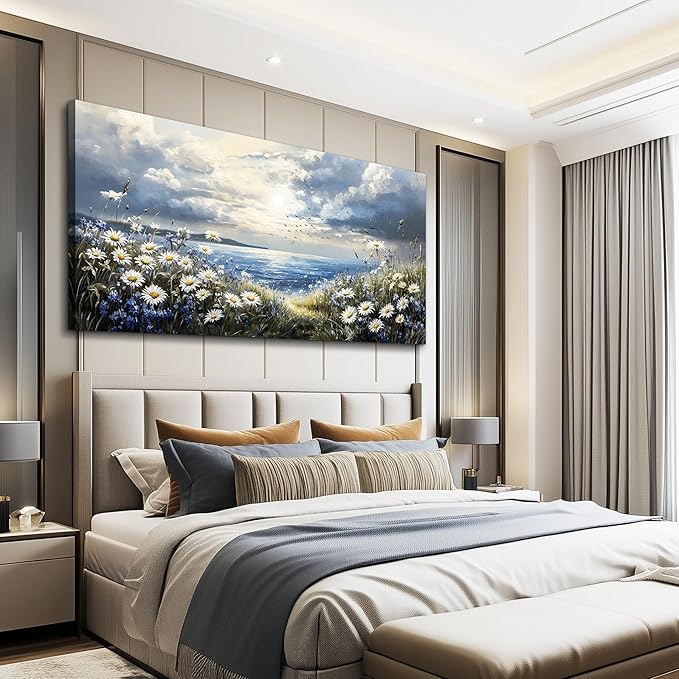 KELIYUAN Large Wall Decor Canvas Painting Wall Art For Living Room Decor Blue Mediterranean Garden Landscape Painting Bedroom Print Artwork Picture For Dining Room Bathroom Home Decoration 24x48 In