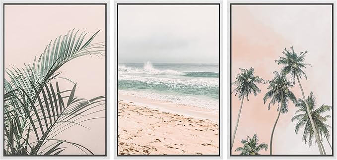 SIGNWIN Framed Canvas Print Wall Art Set Tropical Palm Leaf Beach Ocean Shore Landscape Nature Wilderness Photography Modern Art Realism Decorative for Living Room, Bedroom, Office - 24"x36"x3 White