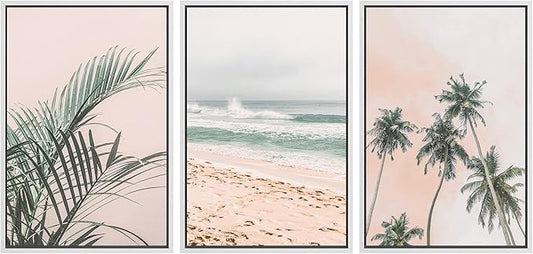 SIGNWIN Framed Canvas Print Wall Art Set Tropical Palm Leaf Beach Ocean Shore Landscape Nature Wilderness Photography Modern Art Realism Decorative for Living Room, Bedroom, Office - 24"x36"x3 White