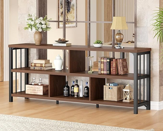 IBF Long Bookshelf, 63” Wide Low Open Book Shelf, Industrial 5 Cube Horizontal Bookcase for Bedroom Home Office, 3 Tier Wood Metal Cubby Storage Organizer Shelf for Living Room, Walnut, 63 Inch