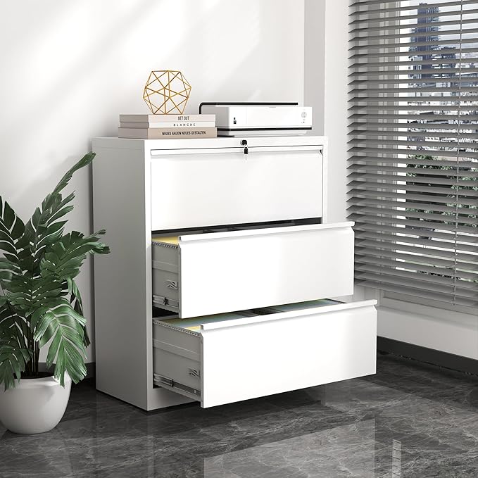 3 Drawer File Cabinet,Metal Lateral Filing Cabinet with Lock,Home Office Storage Organizer Cabinet for Legal/Letter/A4/F4 Size Files,35.5" W,White