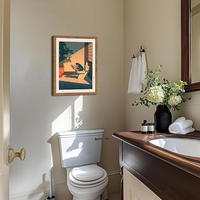 Funny Frog Bathroom Decor Wall Art, Cute Japanese Animal Canvas Wall Decor Painting, Whimsical Frog on Toilet Reading Newspaper Artwork Poster Prints Pictures for Bathroom Restroom 16x24 Inch