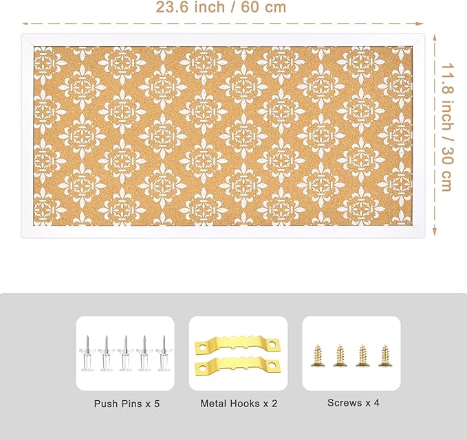 Decorative Cork Board for Walls, Bulletin Board with White Floral Print, White Framed Pin Board Vision Board for Office School Bedroom and Dorm Room with Pins, Screws(3060,1pc)
