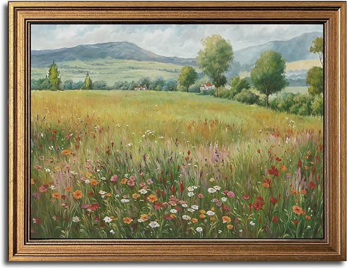 Gold Framed Wall Art Vintage Flower Canvas Wall Art Floral Countryside Landscape Wildflower Artwork Prints Picture for Living Room Bedroom Farmhouse Bathroom Office Decor, 16x24