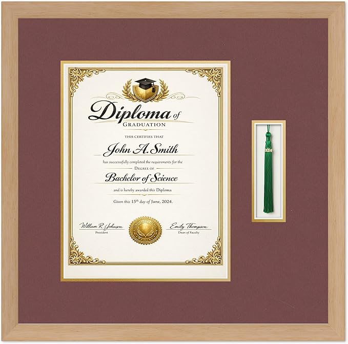 CountryArtHouse Diploma and Tassel Frame Fits 10 x 13 College Diploma (Portrait Traditional) Natural Wood Genuine Hardwood Shadowbox with Dark Red Over Metallic Gold Double mat