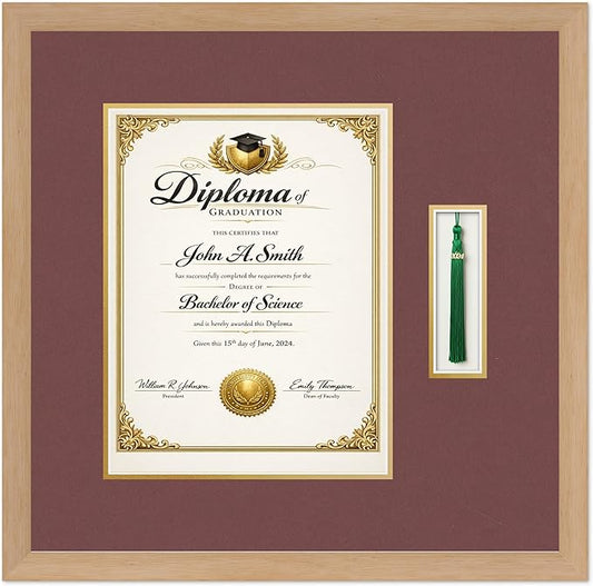 CountryArtHouse Diploma and Tassel Frame Fits 10 x 13 College Diploma (Portrait Traditional) Natural Wood Genuine Hardwood Shadowbox with Dark Red Over Metallic Gold Double mat
